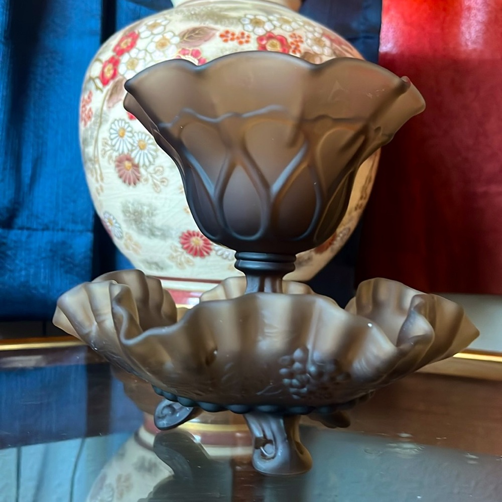 2pc vintage Westmoreland Glass "Doric" Brown glass Footed Candy Dish & Compote